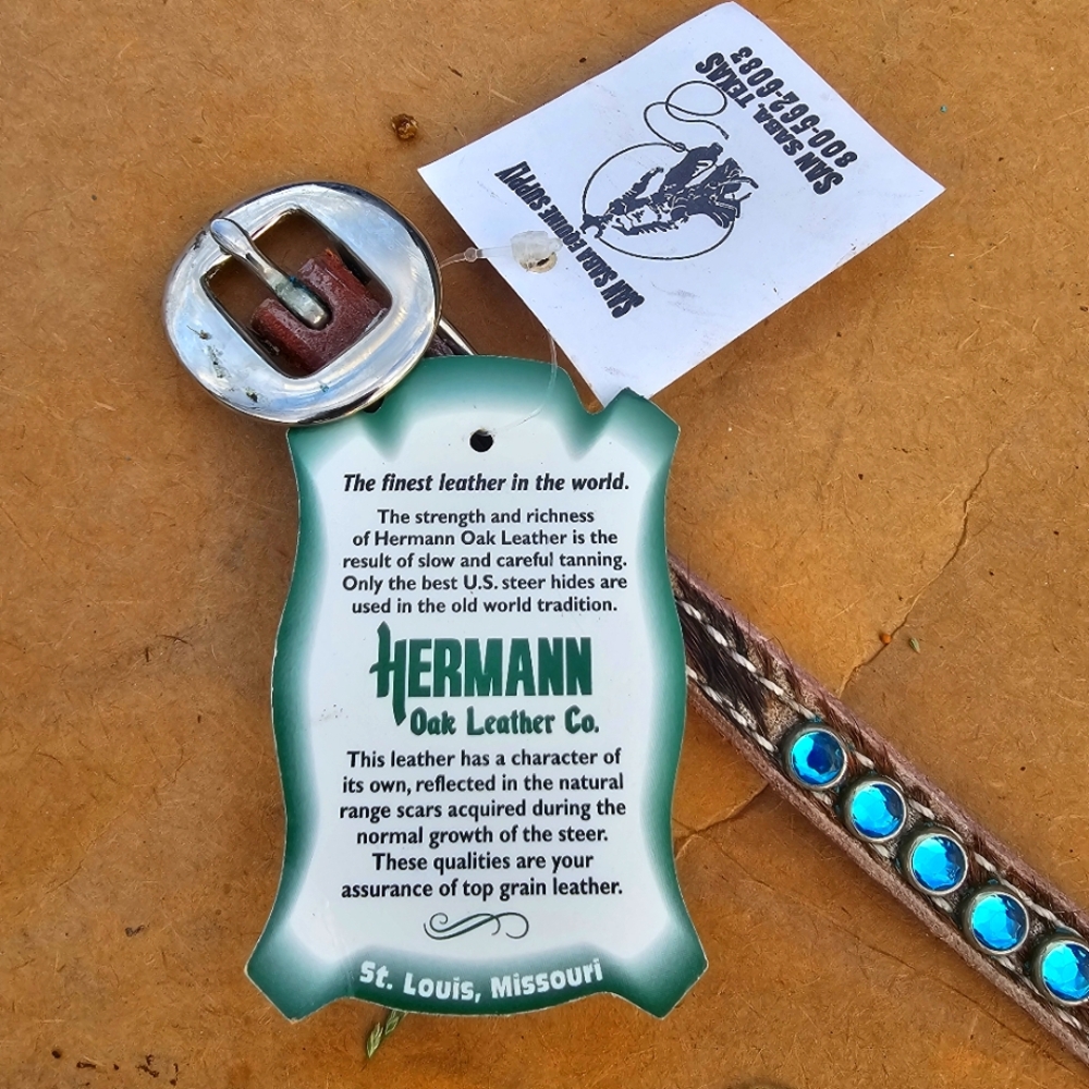 Hermann Oak Leather 11.5" DOG COLLAR with Cowhide And Turquoise Colored Accents